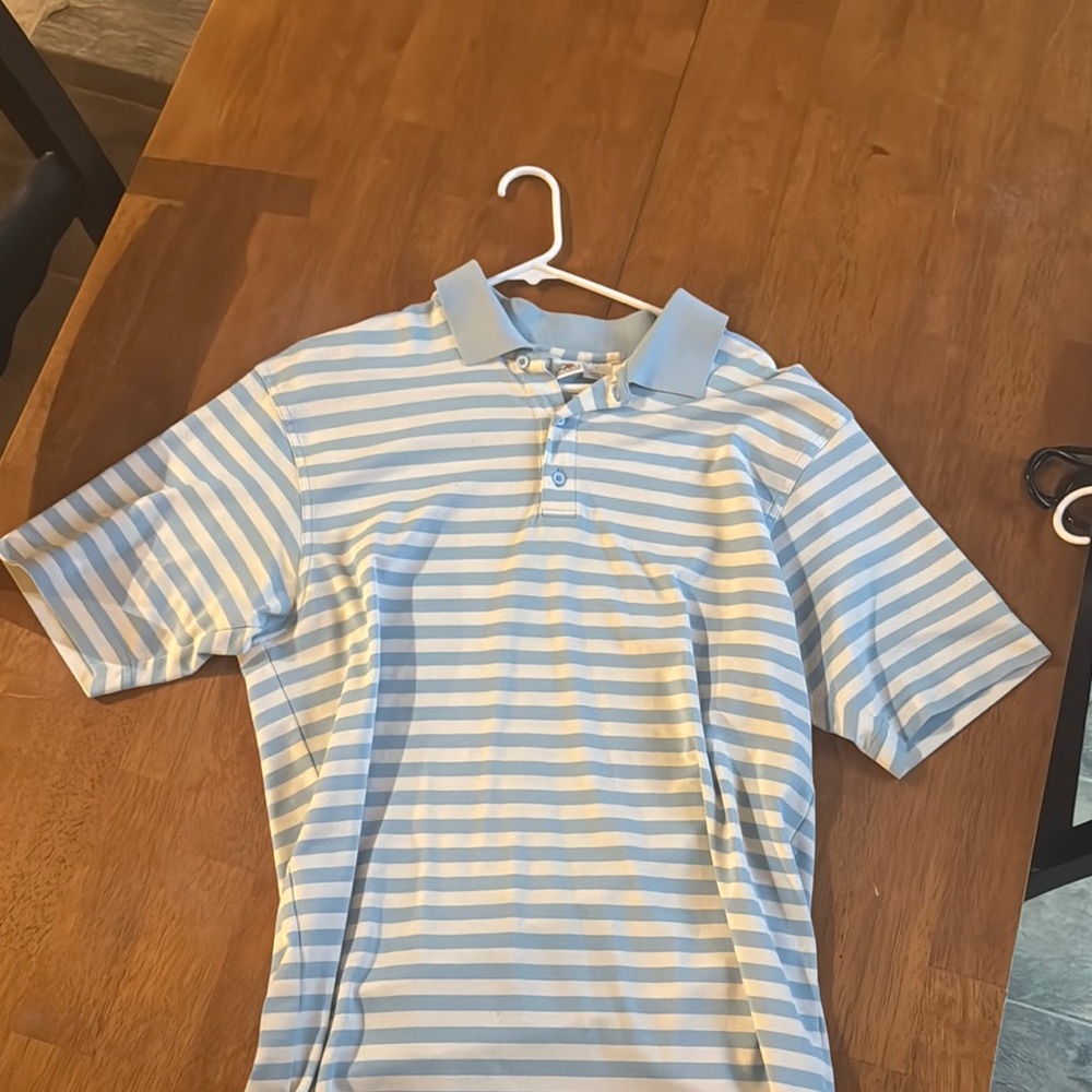 Blue and White Striped Men's Polo Shirt